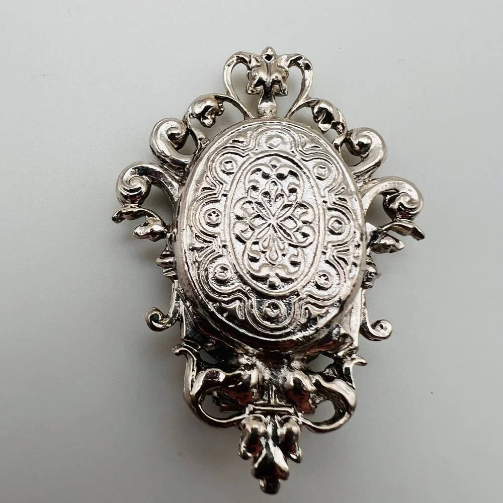 Vintage Ornate Scroll Brooch Scarf Clip Dual Purpose Silver Tone Victorian Style